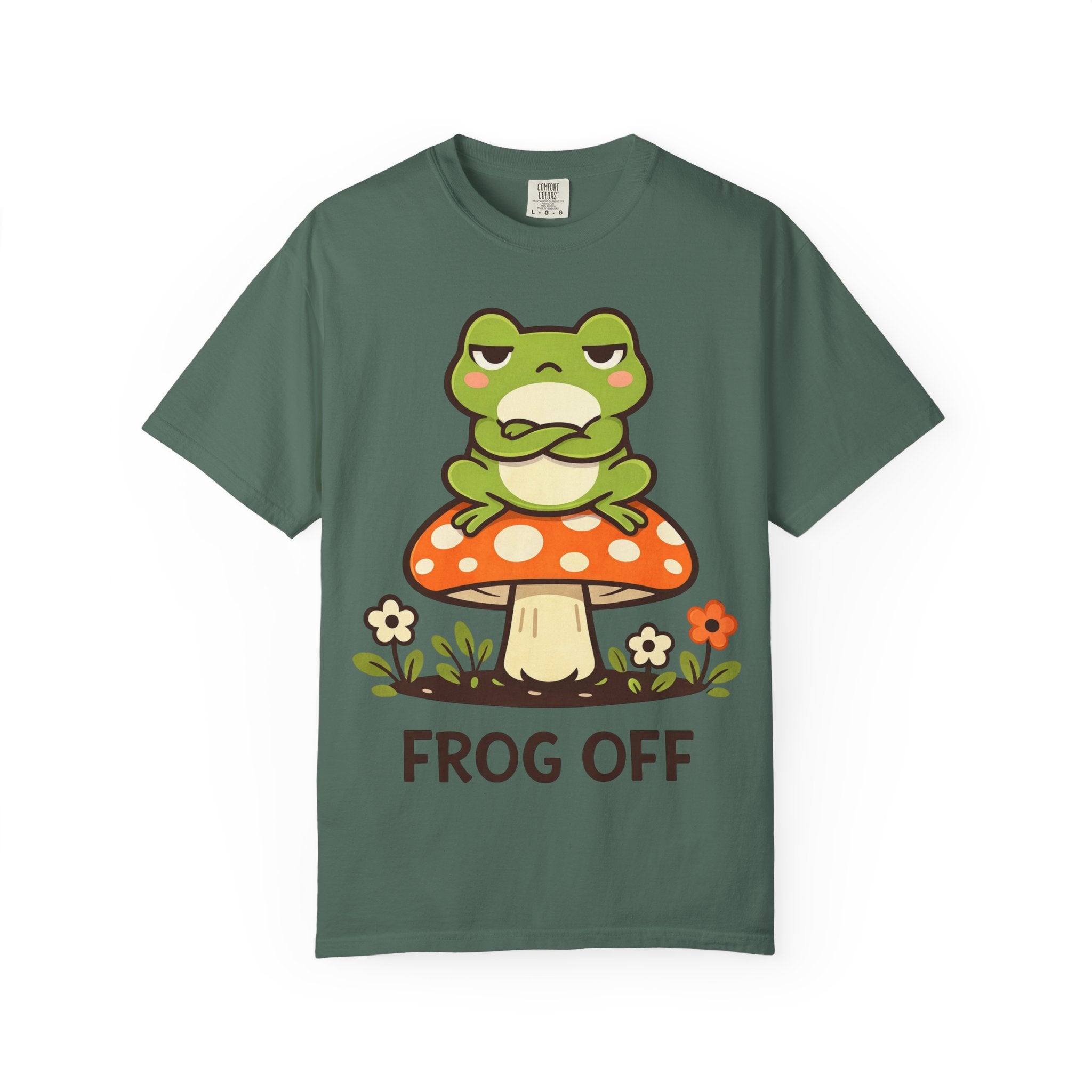 Grumpy Frog on Mushroom T-Shirt | Frog Off Graphic Tee