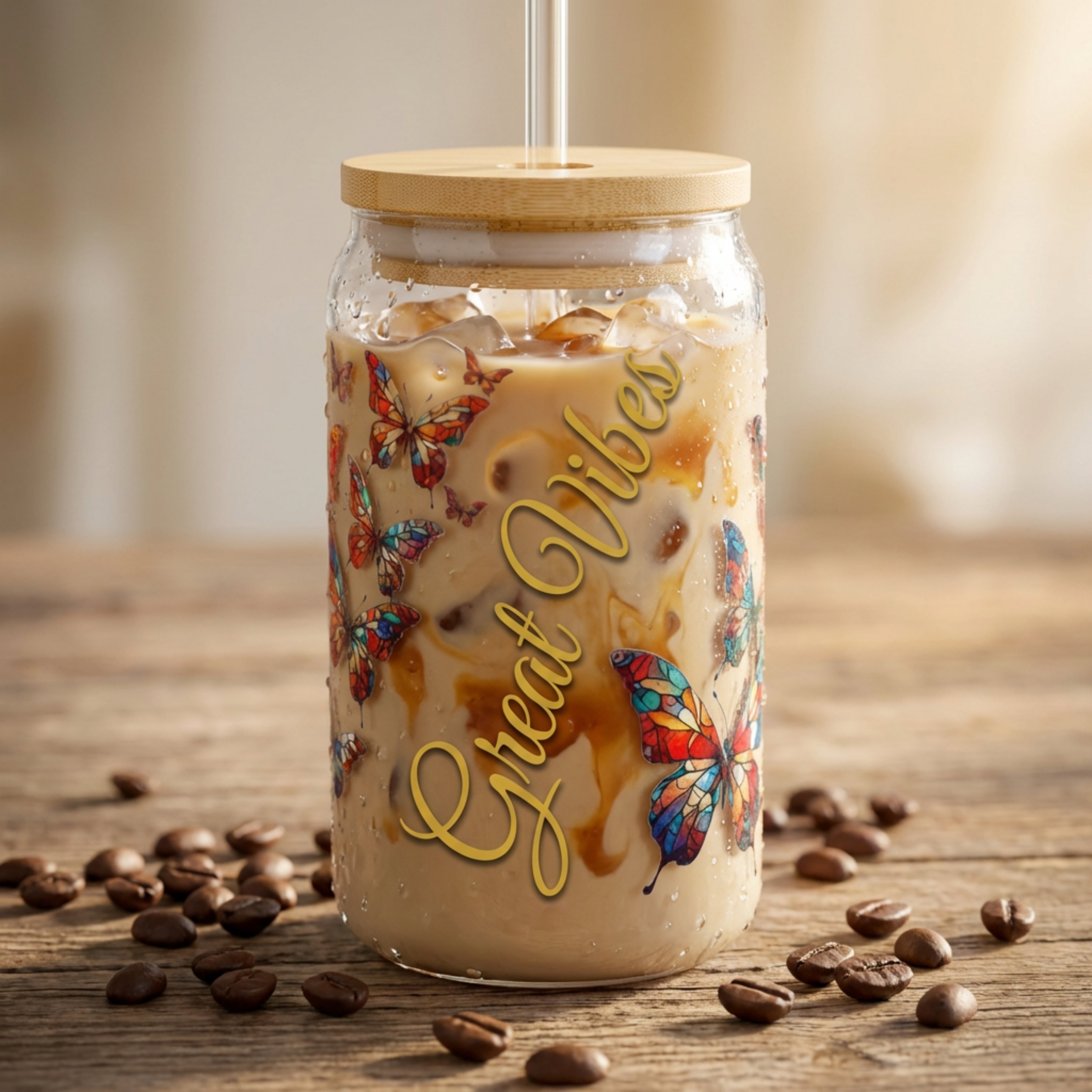 Personalized Butterfly Glass Tumbler, Custom Name Iced Coffee Cup, Stained 16oz Glass Can, Birthday Gift for Her, Bridesmaid