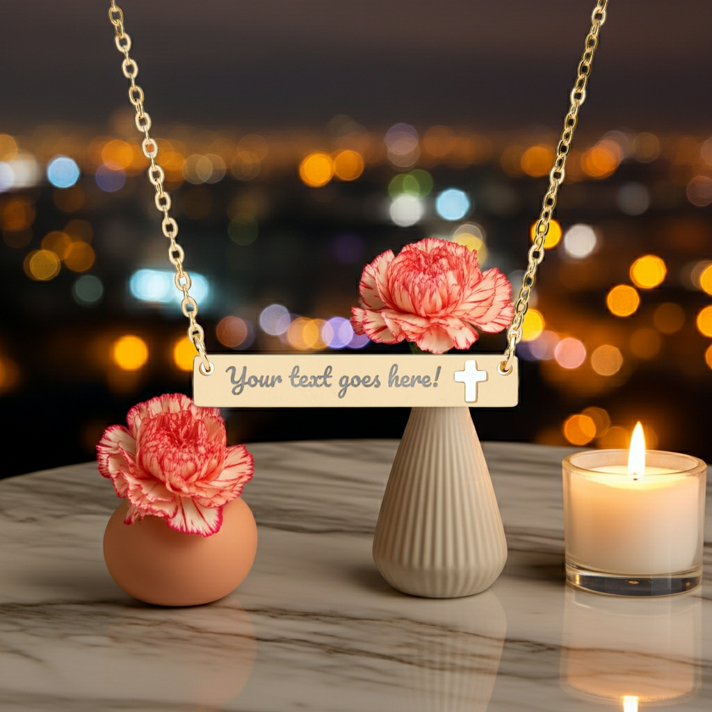 Engravable Cutout Cross Bar Necklace — Personalized Religious Nameplate Gift